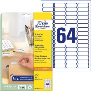 Etykiet na segegatory podwieszane Avery Zweckform; A4, 25 ark.,/op., 45,7 x 16,9 mm, białe, usuwalne /L6021REV-25/