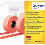 Etykiety cenowe w rolce do metkownicy dwurzędowej Avery Zweckform; trwałe; 1200 etyk./rolka; 10 rolek/op.; 16 x 26 mm, czerwone /RPLP1626/