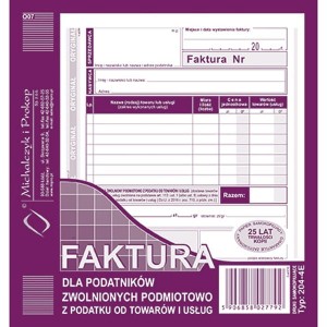 Druk samokopiujący faktura dla podatników zwolnionych podmiotowo z podatku VAT 2/3 A5 80 kartek MICHALCZYK I PROKOP /204-4E/