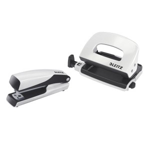 Zszywacz + dziurkacz LEITZ Mini WOW metalowy, perłowy biały /55612001/