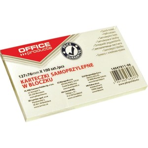 Bloczek biurowy samoprzylepny Office Products, 127x76mm, 1x100 kart., pastel, jasnożółty