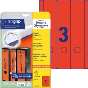 Etykiety na segregatory Avery Zweckform; A4, 20 ark./op., 61 x 297 mm, czerwone /L4752-20/