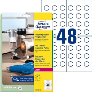 Tabliczki inspekcyjne plomby Avery Zweckform, A4, 10 ark./op., 480 et./op.; O20mm; białe /L7805-10/