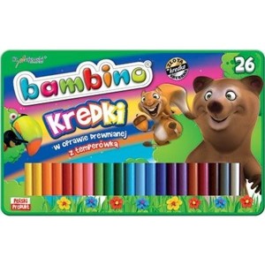 Kredki ołówkowe 26 kolorów w oprawie drewnianej metalowe pudełko + temperówka BAMBINO